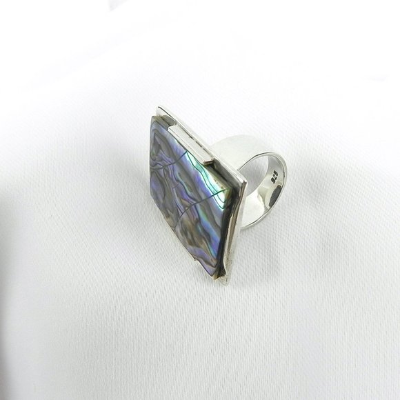 Silver Abalone Ring | 925 Silver Large Chunky Rectangular Accent Ring - Picture 6 of 11